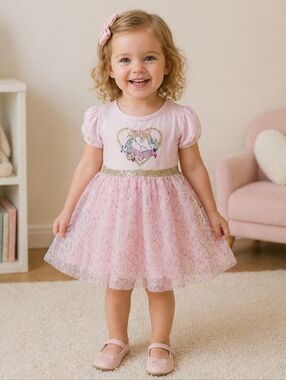 Toddler Kidgets Pink Unicorn Tulle Princess Dress with Gold Sparkly Waistband